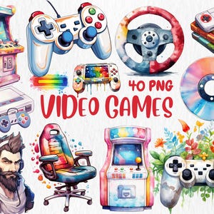 Clipart aquarel videogames | Videogamecontroller, headset, arcade-apparaat, schijfillustraties | Directe download voor commercieel gebruik