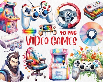 Watercolor Video Game Clipart: Controller, Arcade, Headset (Instant Download)