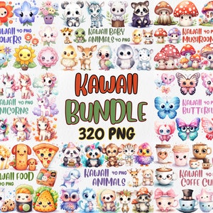 Aquarell Kawaii Mega Clipart Bundle | Lebensmittel, Kaffeetasse, Einhorn, Schmetterling, Pilz, Blume, Tier | Sofort Download für kommerzielle Nutzung
