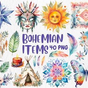 Aquarelle Boho Elements Clipart | Illustrations d'attrape-rêves, de plumes, de mandalas, de macramé, de flèches | Téléchargement instantané pour une utilisation commerciale