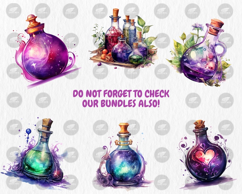 Watercolor Magic Potions Clipart | Painted Colorful Magic Potion Illustrations | 40 PNG Graphics | Instant Download for Commercial Use