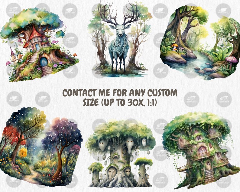 Watercolor Enchanted Forests Clipart | Fairy Garden and Tree, Magical Fantasy Woodland Illustrations | Instant Download for Commercial Use