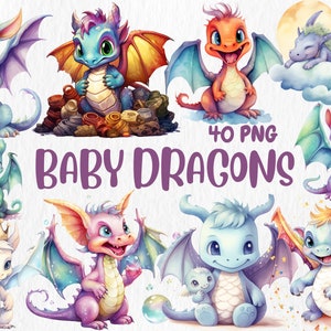 Watercolor Baby Dragons Clipart | Painted Cute, Adorable Baby Dragon Illustrations | 40 PNG Graphics | Instant Download for Commercial Use