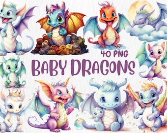 Clipart z akwarelowymi małymi smokami | Grafika fantasy PNG do pokoju dziecięcego