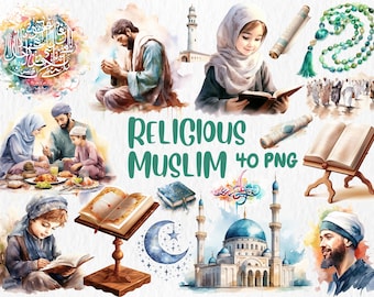 Watercolor Islamic Clipart: Mosque, Ramadan, Eid Mubarak (Digital Download)