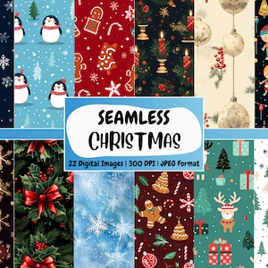 Nahtlose Weihnachten Digitales Papier | Schneeflocken, Ornamente, Blätter von Ilex, Scrapbookpapier, Printable | Sofort Download für kommerzielle Nutzung