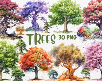 Watercolor Trees Clipart: 30 PNG Illustrations (Instant Download)