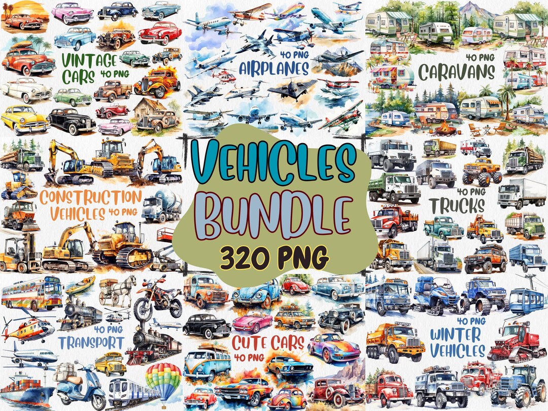 Watercolor Vehicle Clipart Bundle: Vintage Cars, Trucks, Airplanes ...