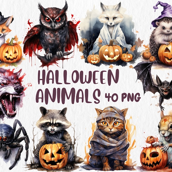 Watercolor Halloween Animals Clipart | Spooky Animals, Bat, Wolf, Spider, Crow, Frog Illustrations | Instant Download for Commercial Use