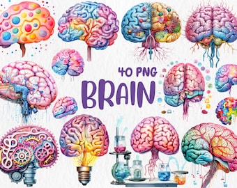 Watercolor Brain Clipart: 40 Colorful PNG Graphics (Digital Download)