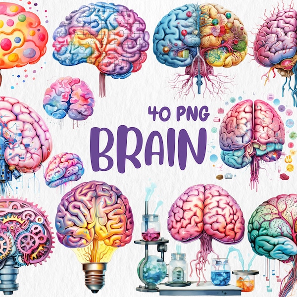 Aquarel hersenen clipart | Kleurrijk geschilderde hersenillustraties, transparante PNG-afbeeldingen | Direct downloaden voor commercieel gebruik