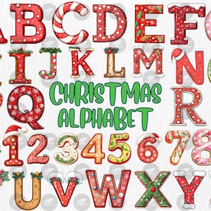 Alfabeto navideño Clipart / Fuente navideña, letras y números decorativos, 36 ilustraciones del alfabeto PNG / Descarga instantánea para uso comercial