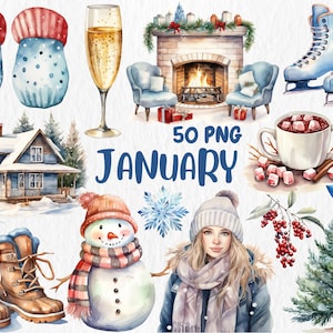 Clipart janvier aquarelle | hiver, bonhomme de neige, vacances, mitaines, hibou, illustrations du Nouvel An | Téléchargement instantané pour une utilisation commerciale