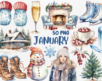 Watercolor January Clipart: Winter Holiday Illustrations (Instant Download)