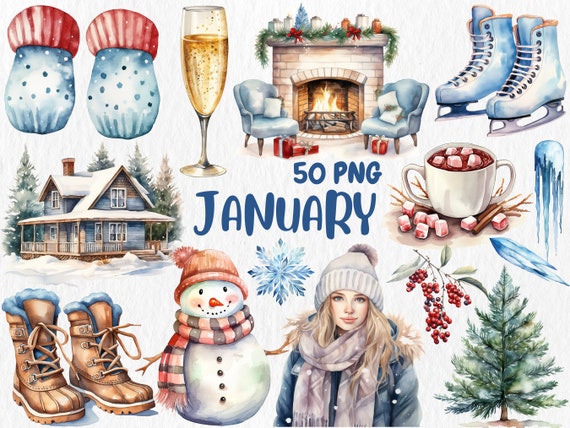Watercolor January Clipart Winter, Snowman, Holiday, Mitten, Owl, New  Year's Eve Illustrations Instant Download for Commercial Use - Etsy