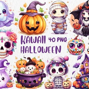 Clipart de Halloween kawaii en acuarela / Lindos gráficos y decoración de Halloween, ilustración de murciélago y calabaza / Descarga instantánea para uso comercial
