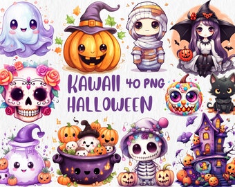 May include: A set of 40 digital illustrations featuring cute, cartoon-style Halloween characters. The characters include a ghost, a pumpkin, a mummy, a witch, a skull, a black cat, a cauldron, a haunted house, and a candy corn. The illustrations are perfect for use in digital scrapbooking, card making, and other creative projects.