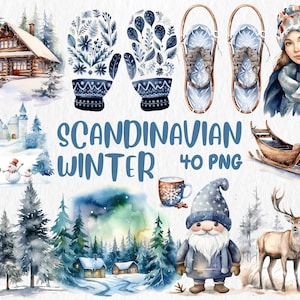 Clipart invernale scandinavo ad acquerello / Villaggio invernale, slitta sulla neve, illustrazioni di motivi nordici / Download immediato per uso commerciale