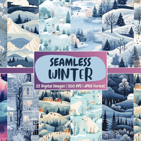 Seamless Winter Digital Paper | Xmas, Winter Landscape, Winter Theme Seamless Patterns, Printable | Instant Download for Commercial Use