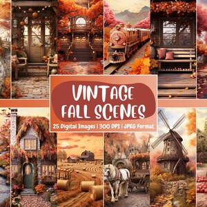 Può includere: Una collezione di 25 immagini digitali con scene autunnali vintage. Le immagini includono un ponte di pietra su un ruscello, un cottage con una porta e finestre, un treno con una locomotiva rossa, un mulino a vento e un campo di balle di fieno.
