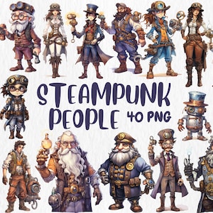 Watercolor Steampunk People Clipart: 40 PNG Illustrations (Commercial Use)