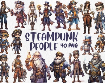 Watercolor Steampunk People Clipart: 40 PNG Illustrations (Commercial Use)