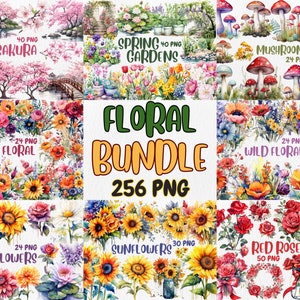 Aquarell Blumen Mega Clipart Bundle | Sonnenblume, rote Rose, Pilz, Sakura, Frühlingsgarten, Blume | Sofort Download für kommerzielle Nutzung