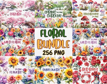 Watercolor Floral Clipart Mega Bundle: Sunflower, Rose, Sakura (Instant Download)