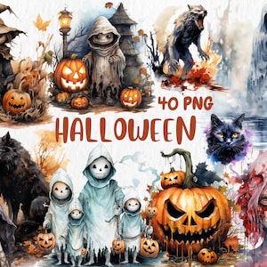 Watercolor Halloween Clipart: 40 Spooky PNG Graphics (Commercial Use)