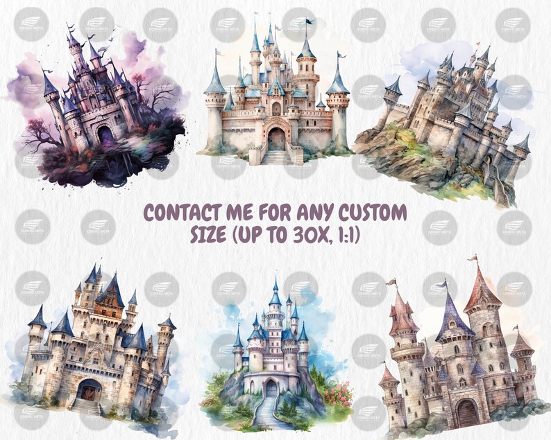 Watercolor Fantasy Castles Clipart | Fairy Tale Fortress, Stronghold, Towering Turrets Illustrations | Instant Download for Commercial Use