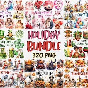 Pacote de Mega Clipart de Aquarela para Férias | Ação de Graças, Natal, Halloween, Dia dos Namorados, Páscoa | Download instantâneo para uso comercial