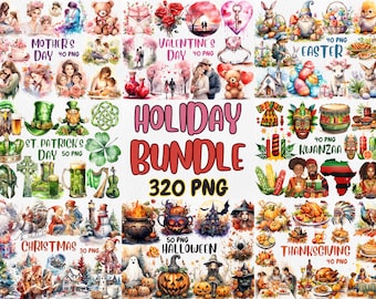 Watercolor Holiday Clipart Bundle: Thanksgiving, Christmas, Halloween (Digital Download)