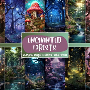 Fantasie betoverde bossen digitaal papier, mystiek magisch bos, kaarten met bosthema, afdrukbaar, download ongewenste tijdschriften en scrapbooking