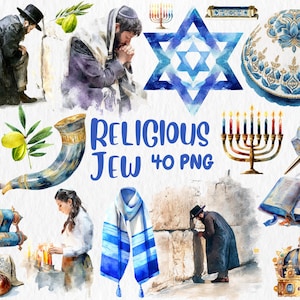 Aquarell religiöser Jude Clipart | Menora, Torarolle, Davidstern, Shabbat, Mesusa Illustrationen | Sofort Download, Kommerzielle Nutzung