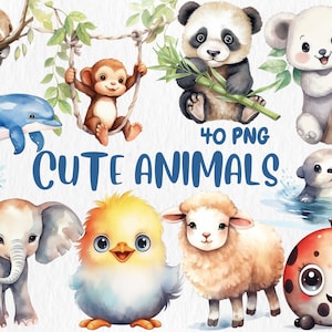 Aquarelle animaux mignons Clipart | Illustration d'ours en peluche, de panda, de lapin et de koala, 40 images PNG séparées | Téléchargement instantané pour une utilisation commerciale