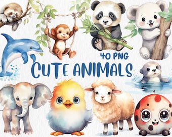 Aquarelle animaux mignons Clipart | Illustration d'ours en peluche, de panda, de lapin et de koala, 40 images PNG séparées | Téléchargement instantané pour une utilisation commerciale