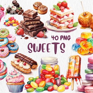 Clipart aquarel snoep | Cupcake, macaron, chocolade, snoep, jelly bean, donut illustratie | Directe download voor commercieel gebruik