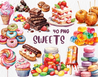 Watercolor Sweets Clipart: 40 PNG Dessert Illustrations (Commercial Use)