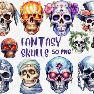 Aquarell Fantasy Schädel Clipart: Gothic, Vampir, Mumie Illustrationen (Instant Download)