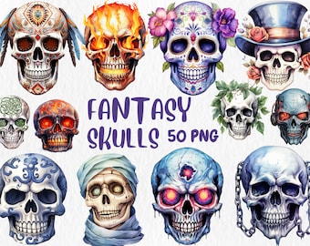 Watercolor Fantasy Skulls Clipart: Gothic, Vampire, Mummy Illustrations (Instant Download)