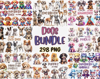 Watercolor Dogs Clipart Bundle: Poodle, Puppy, Superhero Dogs (Commercial Use, Digital Download)