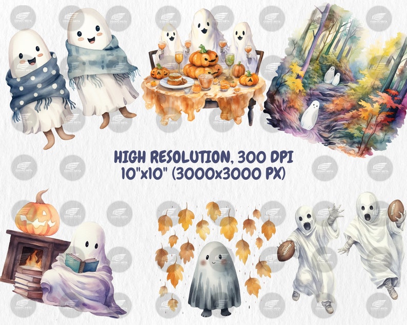 Watercolor Autumn Ghosts Clipart | Autumn Ghost Illustrations | Painted Ghost Clipart, 40 PNG Graphics, Instant Download for Commercial Use