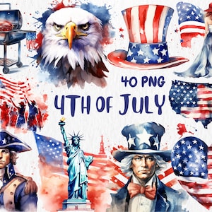 Clipart de aquarela de 4 de julho | Dia da Independência, Bandeira Americana, Ilustrações de Chapéu do Tio Sam | Download instantâneo para uso comercial