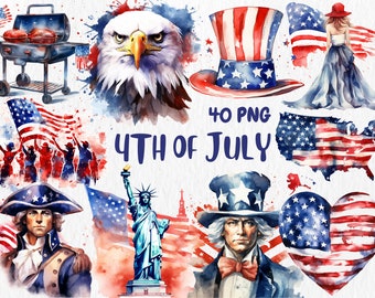 Watercolor 4th of July Clipart: Patriotic Illustrations (Instant Download)
