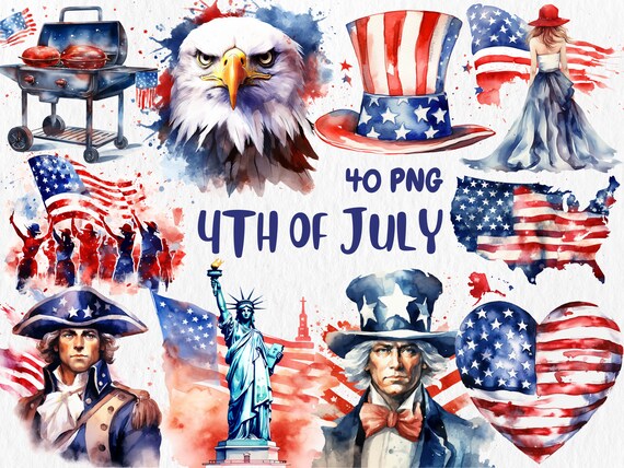 Watercolor 4th of July Clipart: Patriotic Illustrations (Instant Download)
