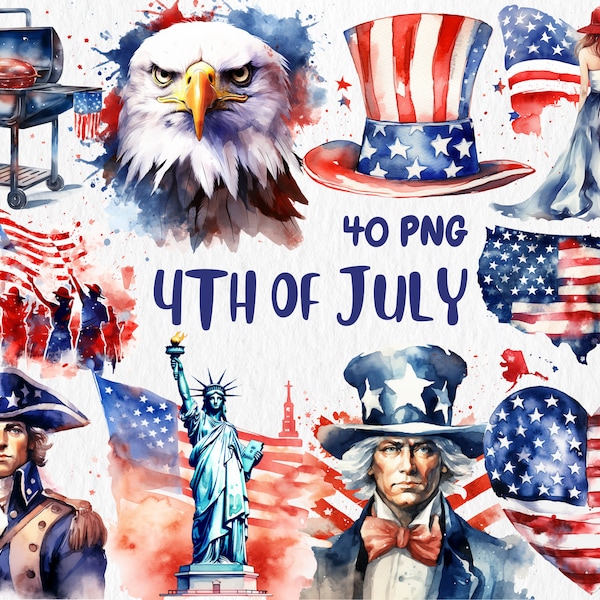 Watercolor 4th of July Clipart | Independence Day, American Flag, Uncle Sam Hat Illustrations | Instant Download for Commercial Use