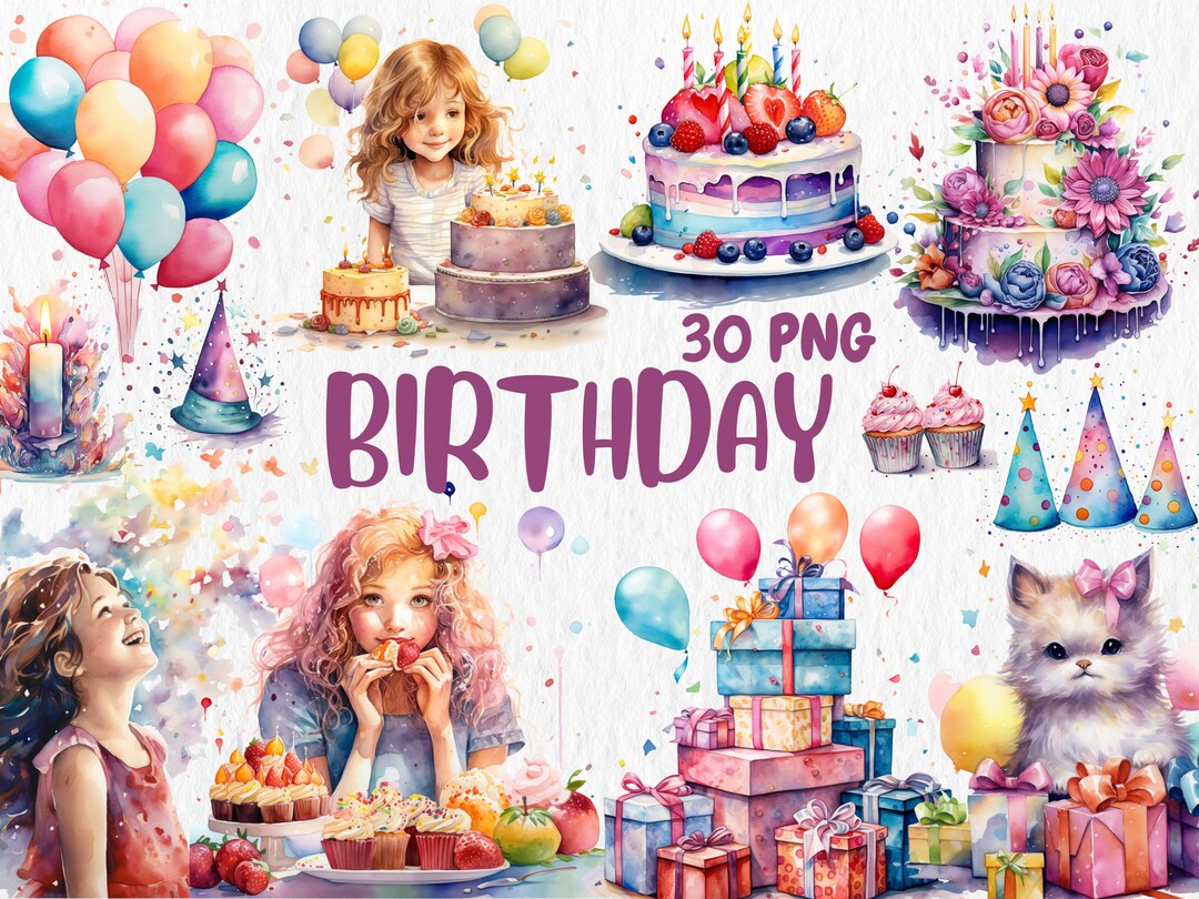 Watercolor Birthday Clipart: Cake, Balloons, Gifts (PNG Digital ...