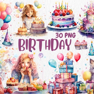 Clipart anniversaire aquarelle | Gâteau d'anniversaire, ballons, chapeaux de fête, cadeaux, bougies | Graphiques PNG | Téléchargement instantané pour une utilisation commerciale