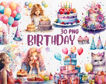 Watercolor Birthday Clipart: Cake, Balloons, Gifts (PNG Digital Download)