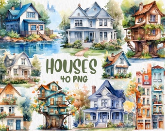 Watercolor House Clipart: 40 PNG Illustrations (Commercial Use)